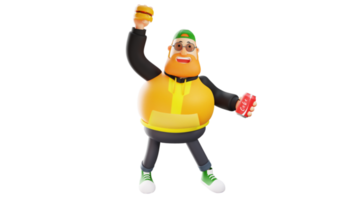 ilustración 3d personaje de dibujos animados 3d de hombre gordo feliz. un hombre elegante sonriendo felizmente. hombre gordo sosteniendo una hamburguesa y una lata de coca cola. personaje de dibujos animados en 3d png