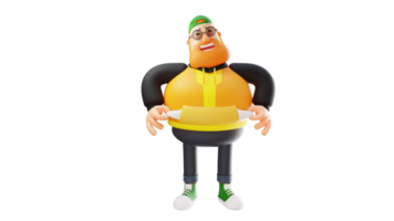 ilustração 3D. personagem de desenho animado 3d triste homem gordo. um homem estiloso mostrando o bolso vazio. o gordo mostrava uma expressão triste. personagem de desenho animado 3D png