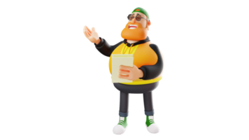 3D illustration. Talented Fat Man 3D Cartoon Character. A stylish man is holding a text. Fat man reads poetry with great devotion. 3D Cartoon Character png