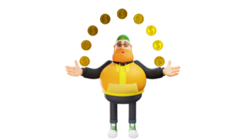 ilustración 3d personaje de dibujos animados en 3d de hombre rico y gordo. un hombre rico cerró los ojos y extendió las manos. hombre gordo rodeado de monedas de oro. personaje de dibujos animados en 3D png