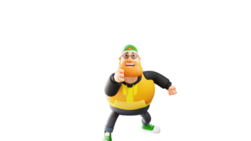 ilustração 3D. personagem de desenho animado 3d de homem gordo animado. um homem estiloso cerrou o punho. o jovem mostrou uma expressão extremamente animada. personagem de desenho animado 3D png