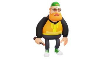 3D-Darstellung. müde dicker mann 3d-zeichentrickfigur. ein stilisierter dicker Mann stand mit geschlossenen Augen da. dicker mann schläfrig und trägt eine flasche soda. 3D-Zeichentrickfigur png