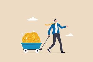 Success investor, rich man making money from business or investment, income and revenue, budget, saving or profit concept, rich and successful businessman with load of money golden coin in cart. vector