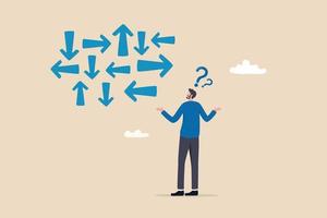 Confusion, frustration or decision making, mess, dilemma or complicated problem, lack of understanding, uncertain concept, confused frustrated businessman look at direction arrows with question marks. vector