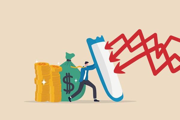 Financial security, money loss or wealth protection, defense from cyber attack or economic recession concept, strong businessman holding shield to protect from red arrow attacking financial security.