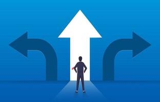 Choice and decision, businessman standing with arrows in three different directions, pathway selection dilemma vector