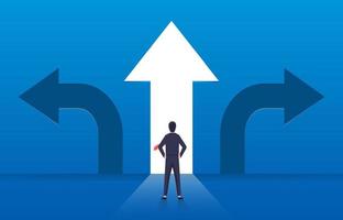 Choice and decision, businessman standing with arrows in three different directions, pathway selection dilemma vector