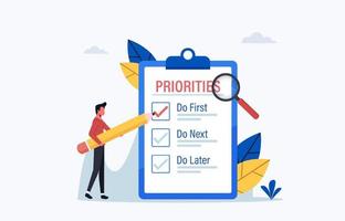 Priority concept illustration,  Important agenda for doing Planning and work management,  Businessman checking list with priority objectives and urgency selection process vector