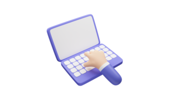 Renderização de desenho animado 3D da mão do empresário digitando no laptop com tela em branco para o modelo de maquete png