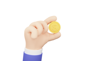 Cartoon hand holding golden dollar coin. Investment, profit, payment concept. 3d render illustration png