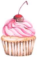 cupcakes à l'aquarelle dessinés à la main décorés de cerise. gâteau au chocolat, thé vert, fraise. desserts pour la fête, les anniversaires. pour le menu de la boulangerie et du café. png