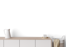 Wallpaper presentation mock up. Sideboard with home accessories on transparent background. Copy space for wallpaper design, wall panels, photo wallpaper, print or paint. Interior mockup. 3D render. png