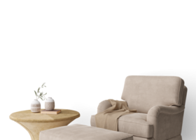 Wallpaper presentation mock up. Armchair and coffee table on transparent background. Copy space for wallpaper design, wall panels, photo wallpaper, print or paint. Interior mockup. 3D render. png