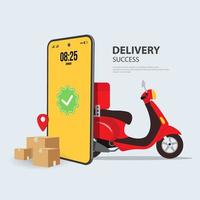 Fast delivery by scooter on mobile. E-commerce concept. Online food order infographic. Webpage, app design. Blue background. Perspective vector