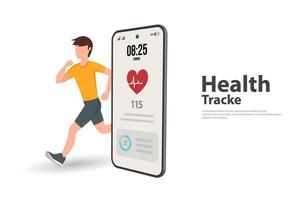 Fitness tracking app on mobile phone screen vector illustration flat cartoon style, smartphone with heart rate tracker and running. a young man running for heart rate tracker. sport tech on cellphone