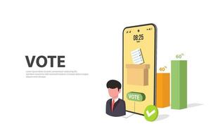 Concepto de votación en línea 3d con personas en cola en línea con votación de teléfonos inteligentes y votos de caja - ilustración vectorial vector