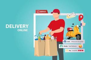 Delivery Online by scooter on mobile phone. Order package in E-commerce by app. Tracking courier by map application. Three dimensional concept. Vector