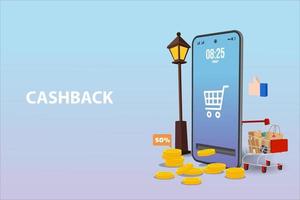 Cashback concept. Saving money. Money refund. Pile coins and phone with button get started the cashback. Vector illustration in flat style.