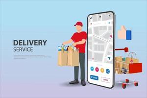 Mobile shopping flat vector concept. Hand of delivery man with shopping bag from cloud and customers