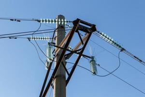 Concrete electricity pylon with glass insulators and bird spikes. Electric power concept. Bird protection for power lines. photo