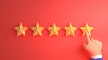 3d cartoon hand pointing, finger pointing to five star rating. Increase rating evaluation and classification concept. Customer review concept photo