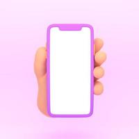 3D Cartoon render og hand holding smartphone isolated on purple background, Hand using mobile phone mockup. photo