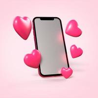 3D render virtual love phone and heart object pink color, date, wedding photo