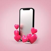 3D render virtual love phone and heart object pink color, date, wedding photo