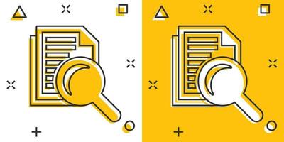 Scrutiny document plan icon in comic style. Review statement vector cartoon illustration pictogram. Document with magnifier loupe business concept splash effect.