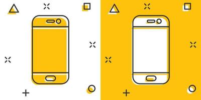 Smartphone icon in comic style. Phone handset vector cartoon illustration pictogram. Smartphone business concept splash effect.