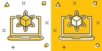 icono de simulación por computadora en estilo cómico. ilustración de dibujos animados de vector de dispositivo vr sobre fondo blanco aislado. efecto de salpicadura de concepto de negocio de tecnología.