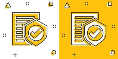 Insurance policy icon in comic style. Report vector cartoon illustration on white isolated background. Document business concept splash effect.