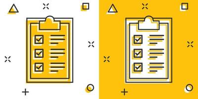 icono de signo de portapapeles de lista de verificación en estilo cómico. ilustración de dibujos animados de vector de lista de documentos sobre fondo blanco aislado. efecto de salpicadura de concepto de negocio de bloc de notas de cuestionario.