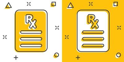 icono de prescripción en estilo cómico. ilustración de vector de dibujos animados de documento rx sobre fondo blanco aislado. concepto de negocio de efecto de salpicadura de papel.