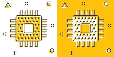 Computer cpu icon in comic style. Circuit board cartoon vector illustration on white isolated background. Motherboard chip splash effect business concept.