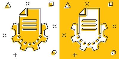 documento con icono de engranaje en estilo cómico. Ilustración de vector de dibujos animados de procesamiento de datos grandes sobre fondo blanco aislado. concepto de negocio de solución de efecto de salpicadura de software de hoja de papel.