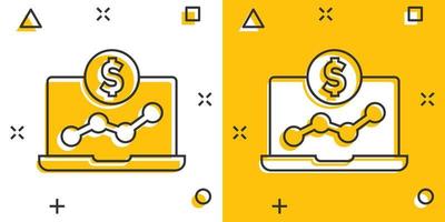 icono de gráfico de computadora portátil en estilo cómico. ilustración de vector de dibujos animados de diagrama de dinero sobre fondo blanco aislado. concepto de negocio de efecto de salpicadura de proceso financiero.