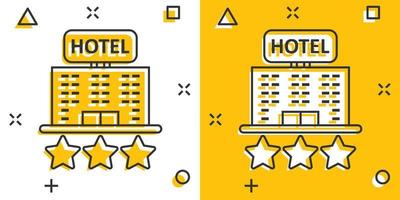 icono de signo de hotel 3 estrellas en estilo cómico. Posada edificio ilustración vectorial de dibujos animados sobre fondo blanco aislado. concepto de negocio de efecto de salpicadura de habitación de albergue. vector