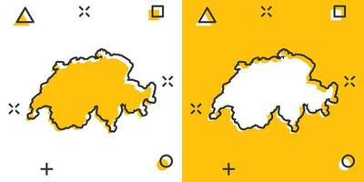 icono de mapa de suiza de dibujos animados vectoriales en estilo cómico. pictograma de ilustración de signo de Suiza. concepto de efecto de salpicadura de negocio de mapa de cartografía. vector