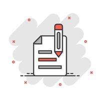 icono de blogs en estilo cómico. documento con ilustración de vector de dibujos animados de pluma sobre fondo blanco aislado. concepto de negocio de efecto de salpicadura de contenido.