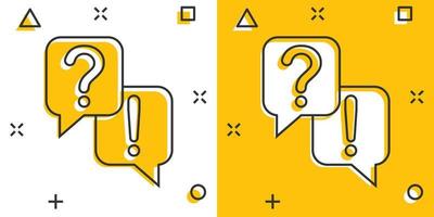 Question and answer icon in comic style. Dialog speech bubble cartoon vector illustration on white isolated background. Forum chat splash effect business concept.