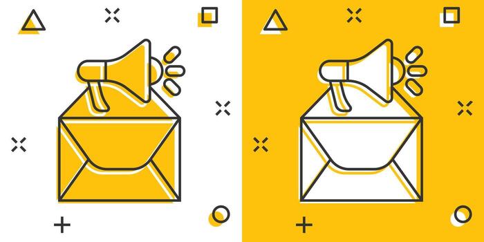 Envelope notification icon in comic style. Email with speaker cartoon vector illustration on white isolated background. Receive mail message splash effect business concept.