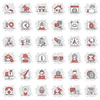 Contact us icon set in comic style. Mobile communication cartoon vector illustration on white isolated background. Phone call splash effect business concept.