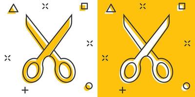 Vector cartoon scissors icon in comic style. Scissor sign illustration pictogram. Shear business splash effect concept.