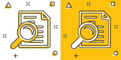 Scrutiny document plan icon in comic style. Review statement vector cartoon illustration pictogram. Document with magnifier loupe business concept splash effect.