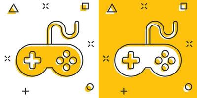 Joystick sign icon in comic style. Gamepad vector cartoon illustration on white isolated background. Gaming console controller business concept splash effect.