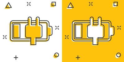 icono de carga de batería en estilo cómico. ilustración de vector de dibujos animados de nivel de potencia sobre fondo blanco aislado. concepto de negocio de efecto de salpicadura de acumulador de litio.