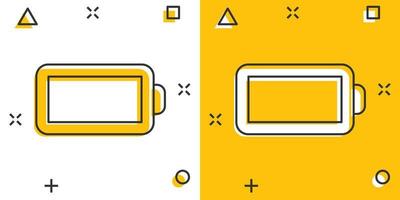 icono de carga de batería en estilo cómico. ilustración de vector de dibujos animados de nivel de potencia sobre fondo blanco aislado. concepto de negocio de efecto de salpicadura de acumulador de litio.