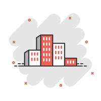 Building icon in comic style. Town skyscraper apartment cartoon vector illustration on white isolated background. City tower splash effect business concept.