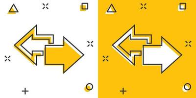 flecha de dibujos animados vectoriales icono izquierdo y derecho en estilo cómico. pictograma de ilustración de signo de flecha hacia adelante. concepto de efecto de salpicadura de negocio de cursor. vector